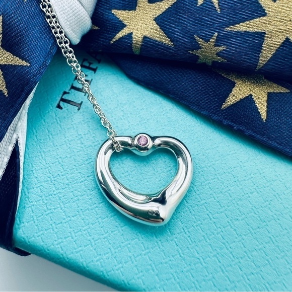 Tiffany & Co. PINK SAPPHIRE Small Open Heart Necklace with PACKAGING - Picture 3 of 8